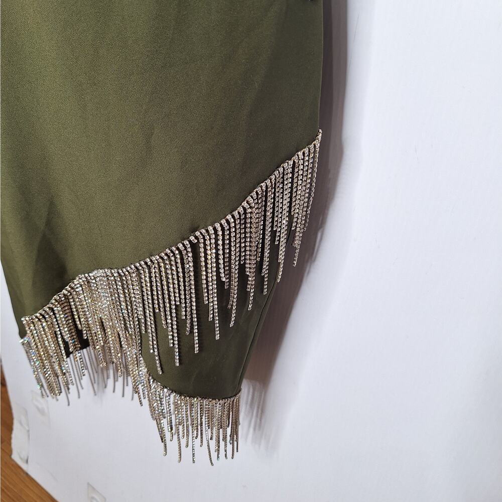 Lavish Alice Bardot Corset Mini Dress Beaded Fringe 8 Prom Swiftie Bling Khaki - Picture 9 of 13